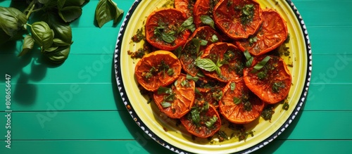 A homemade dehydrated vegetable dish consisting of sun dried tomato slices seasoned with Italian herbs and spices neatly arranged on a mint colored ceramic plate The top view captures the vibrant col photo