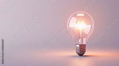 Lightbulb is lit up against pale pink background.