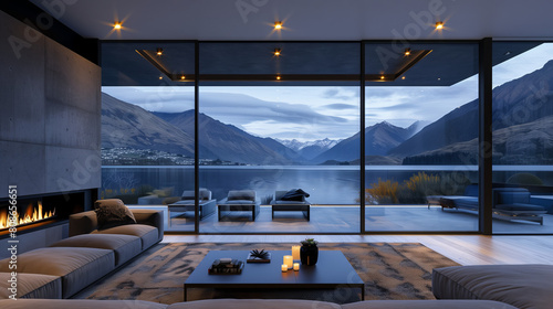 A luxurious living room overlooking a serene lakeside view  framed by majestic mountains. The room is elegantly furnished with modern decor  and a cozy fireplace adds warmth to the twilight scene