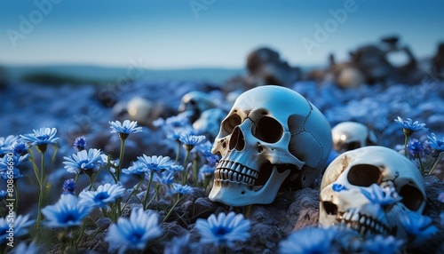 戦争後の廃墟にたたずむ頭蓋骨と青い花 photo
