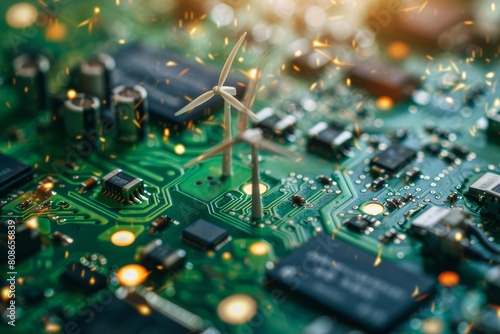 A circuit board with traditional energy sources like coal and oil depicted as outdated components being replaced with renewable energy sources like wind turbines and solar panels.  photo