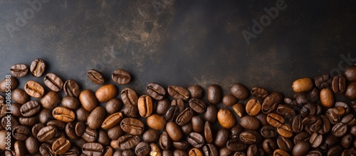 Coffee beans on a stone background with a top view and ample copy space for text The background consists of roasted coffee beans that have a textured macro quality