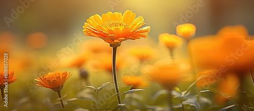 In the morning light the orange Calendula commonly known as the marigold gracefully unfolds its petals COPY SPACE IMAGE photo