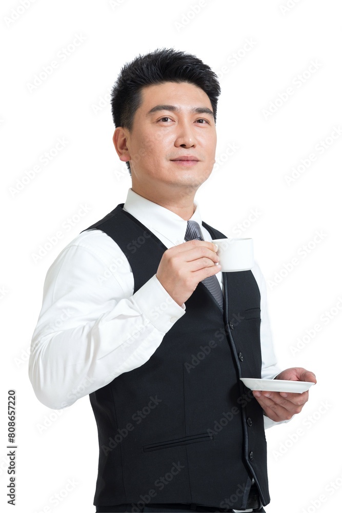 Shed middle-aged business man to drink coffee Shed middle-aged business man to drink coffee