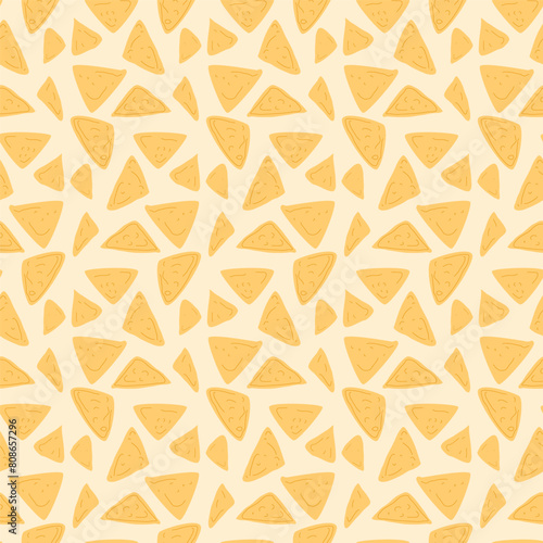 Nachos seamless pattern. Mexican cuisine repeat background. Tortilla chips endless cover. Vector flat hand drawn illustration.