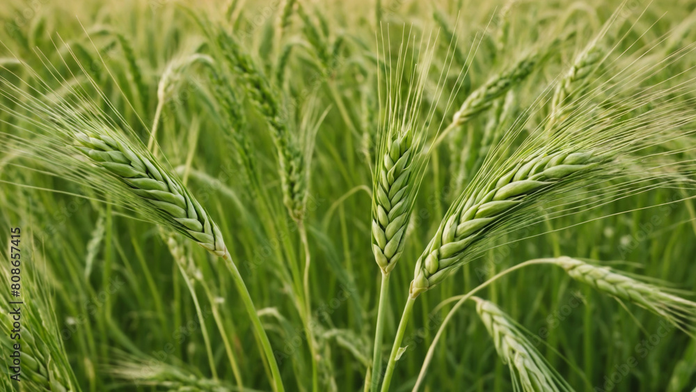Close-up of fresh ears of young green wheat sprouts in country wheat field. Agriculture scene with cultivation of cereals. Plantations waiting for harvest. Concept of natural organic farming. Close-up of fresh ears of young green wheat sprouts in country wheat field. Agriculture scene with cultivation of cereals. Plantations waiting for harvest. Concept of natural organic farming.