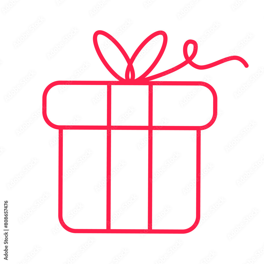 Gift box with red ribbon thin line icon flat on white background Gift box with red ribbon thin line icon flat on white background
