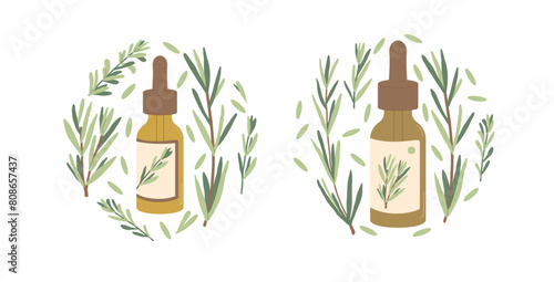 Rosemary essential oil circle emblem isolated on white background. Fresh herb branch with green leaves and glass dropper bottles round composition. Vector hand drawn illustration.