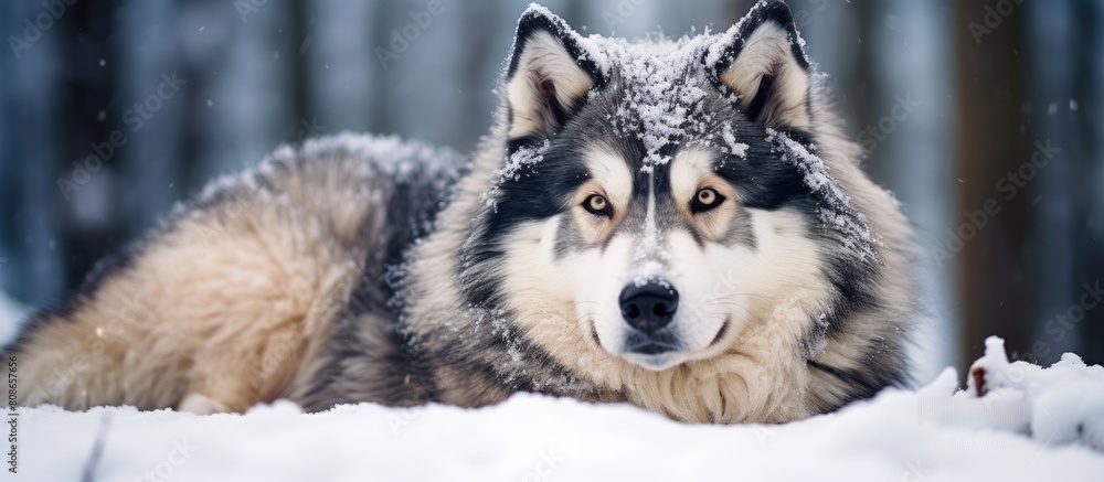 A stunning Malamute dog relaxing on a snowy carpet outdoors creating a picturesque scene for a copy space image