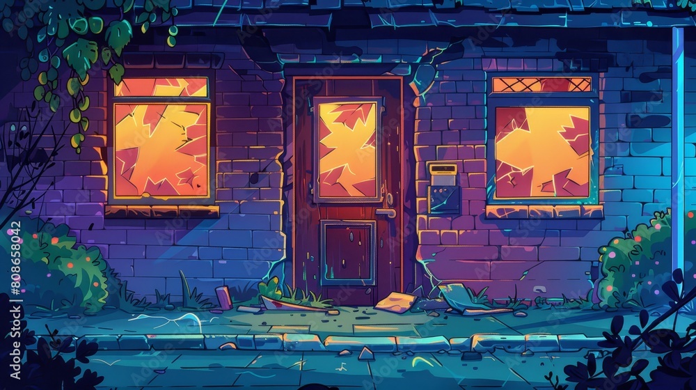 An abandoned residential building with a crack in the wall and a boarded up window at night. Modern cartoon illustration of old brick house facade with broken door and boarded up window in the night.