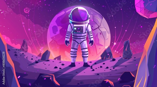 An astronaut in a spacesuit and helmet is on a distant planet alongside a cartoon illustration of a cosmonaut in a spacesuit. The space missions banner is displayed on the homepage of a space