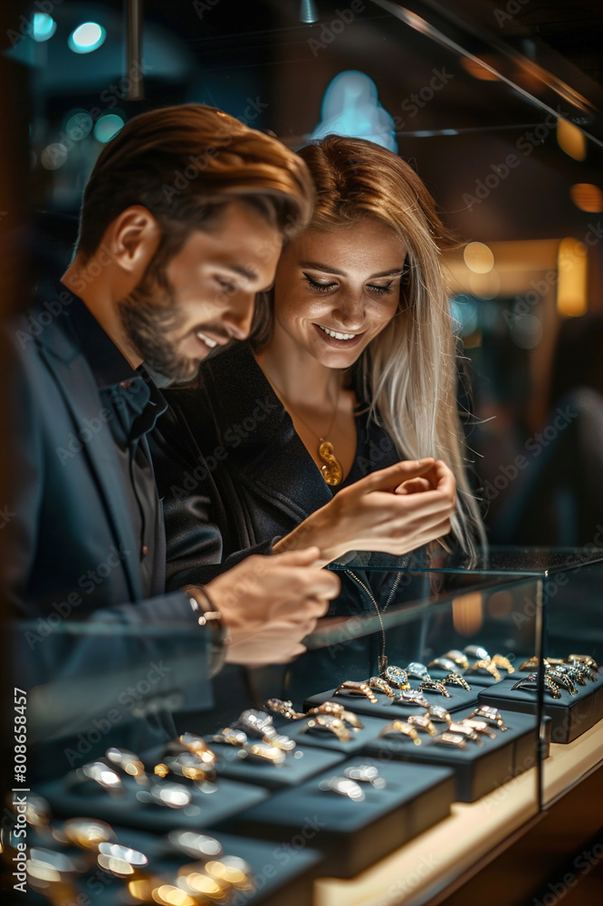 Fototapeta premium Luxury shopping: affluent couple admiring upscale watches in exclusive jewelry boutique.
