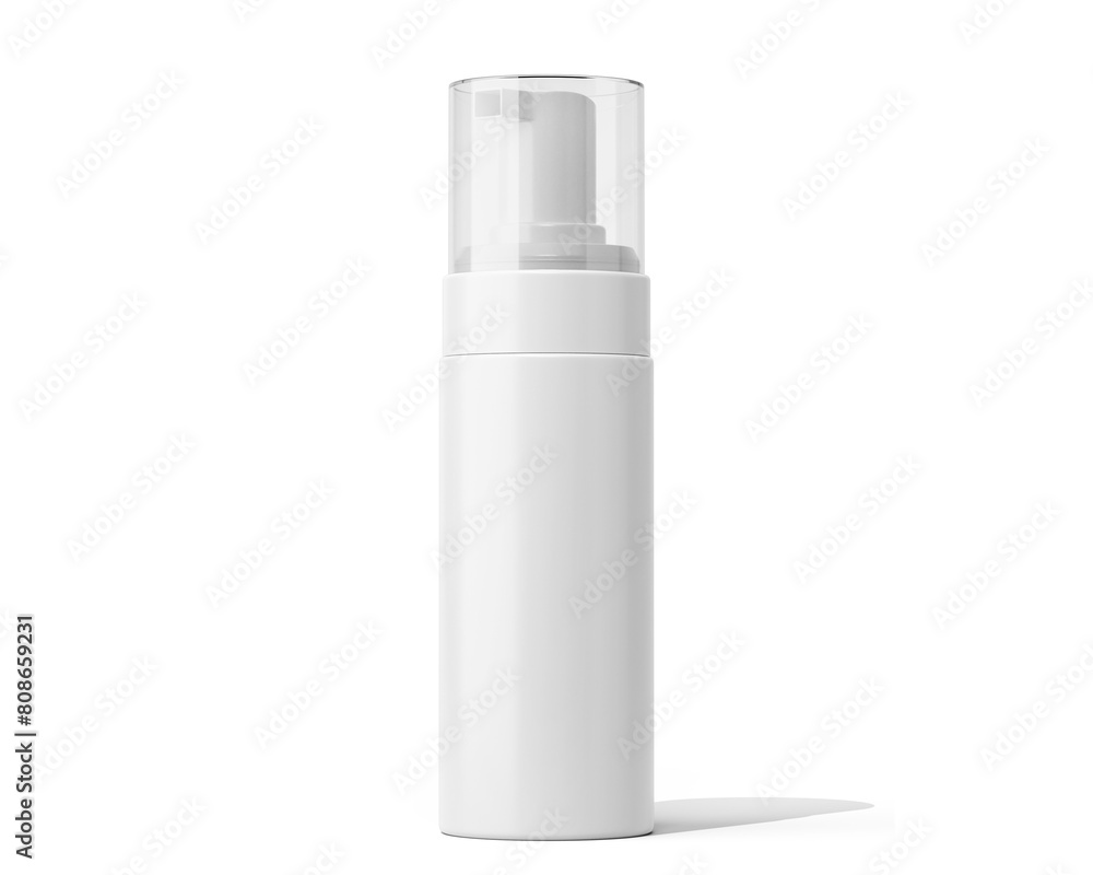 Blank White Plastic Foam Spray Bottle Packaging Isolated On Transparent Background, Prepared For Mockup, 3D Render. Blank White Plastic Foam Spray Bottle Packaging Isolated On Transparent Background, Prepared For Mockup, 3D Render.
