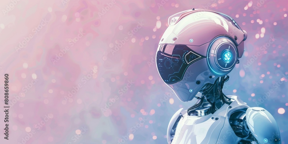 A robot with a white helmet and blue eyes stands in front of a pink background. The robot's design is futuristic and sleek, with a metallic appearance. The pink background adds a sense of warmth A robot with a white helmet and blue eyes stands in front of a pink background. The robot's design is futuristic and sleek, with a metallic appearance. The pink background adds a sense of warmth
