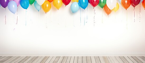 Copy space image of a vibrant party backdrop with a border of playful balloons and streamers placed against white wooden boards