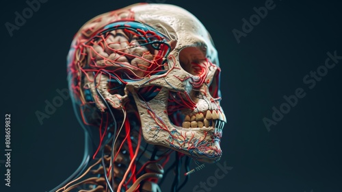 On black background, anatomized skull with skeletal and cardiovascular systems. photo