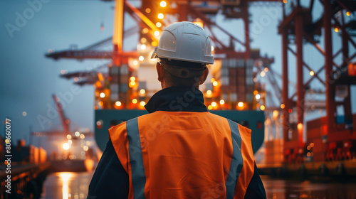 A shipyard worker looking at a docked container ship photo