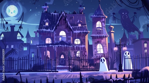 The ghostly house with old house and ghosts at night. Modern banners for Halloween parties or scary shows. Bookmarks with cartoon illustrations of dead people's souls.