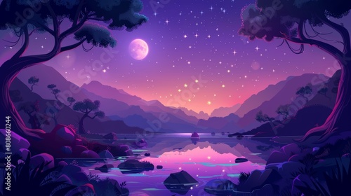 A stunning night mountain lake scenery with waning moon and stars above pond surrounded by trees and rocks. Beautiful scenic background, a stunning evening scene. photo