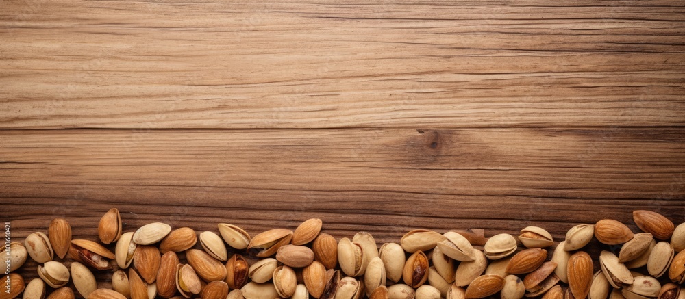 Wooden floor with dried and roasted peanuts in shell creating a textured background for text copy space image Wooden floor with dried and roasted peanuts in shell creating a textured background for text copy space image
