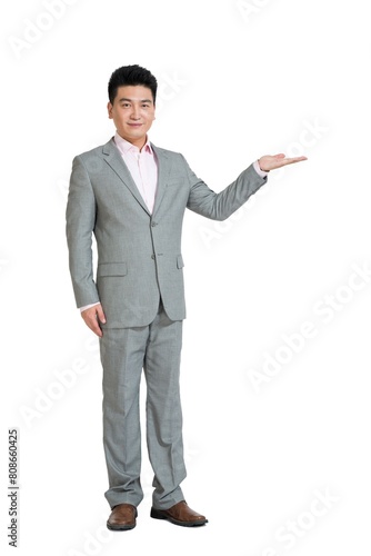 Shed middle-aged business man do gestures