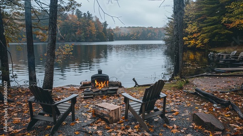 Fototapeta Naklejka Na Ścianę i Meble -  A cabin with a fireplace and two chairs by a lake