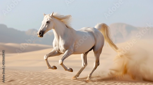 A white Arabian horse is running through the desert