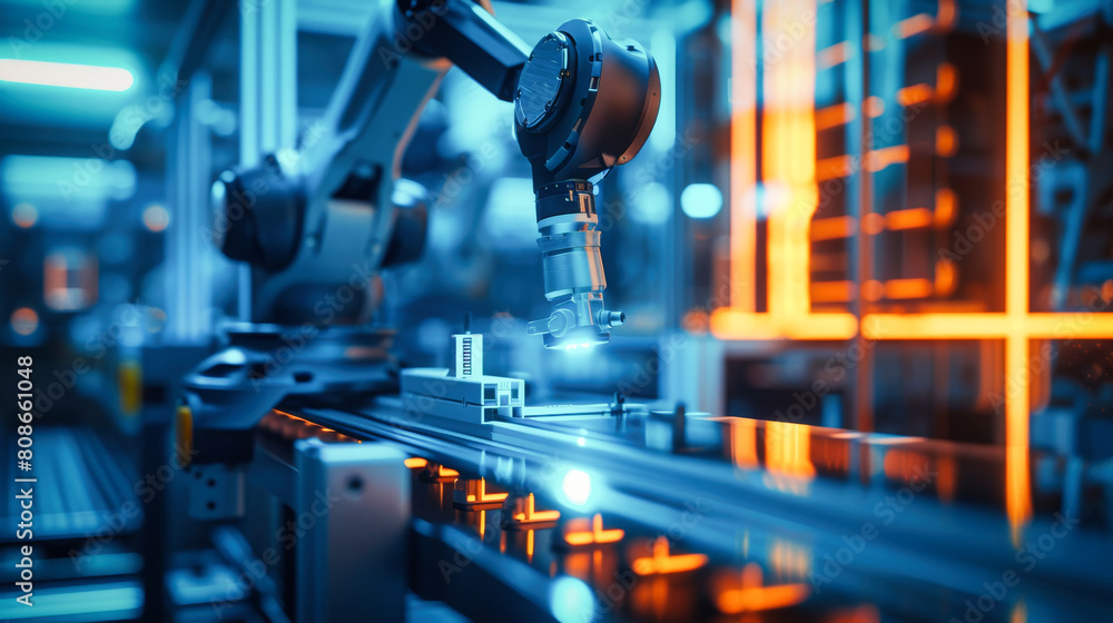 A modern robot arm on the production line in an industrial factory A modern robot arm on the production line in an industrial factory