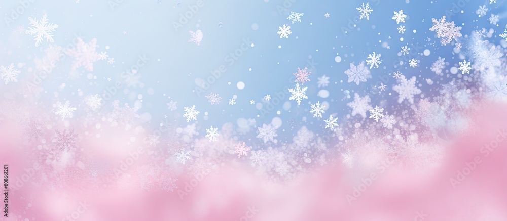 A festive holiday background with white and blue snowflakes sprinkled on pink The image showcases a celebration concept with a top view and a horizontal wide screen format. Copy space image A festive holiday background with white and blue snowflakes sprinkled on pink The image showcases a celebration concept with a top view and a horizontal wide screen format. Copy space image