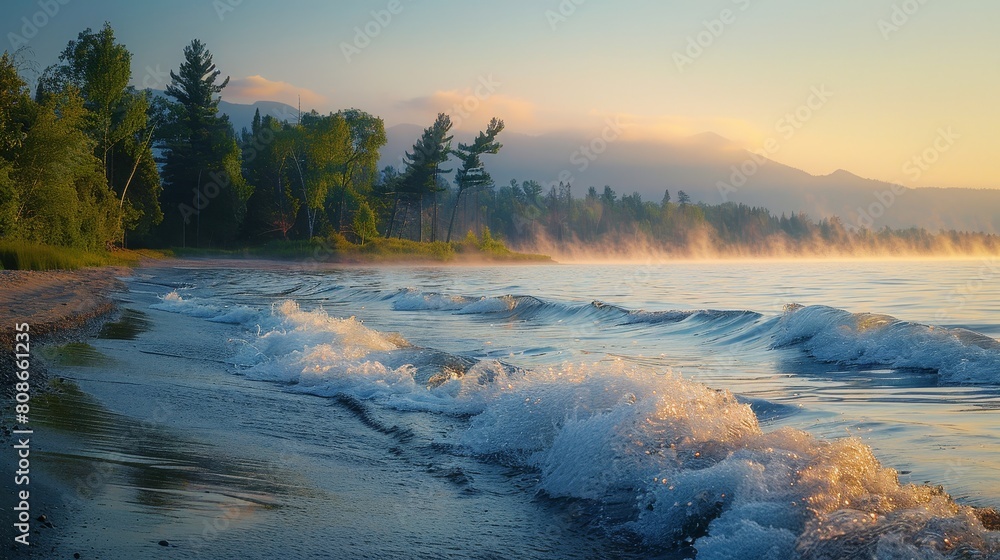 A beautiful beach with a large body of water and a mountain in the background
