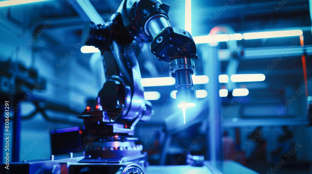 A modern robot arm on the production line in an industrial factory A modern robot arm on the production line in an industrial factory