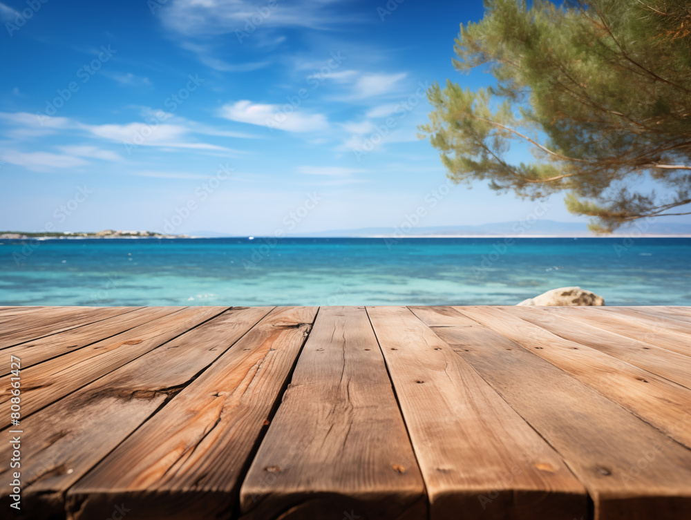 Empty wooden table top with sea and mountains on background. Summer nature backdrop with wooden table podium for product display and commercial Empty wooden table top with sea and mountains on background. Summer nature backdrop with wooden table podium for product display and commercial