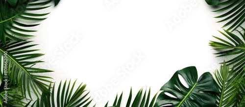 Top view of tropical palm leaves frame isolated on a white background The composition provides a copy space image for adding text Flat lay style enhances the visual appeal