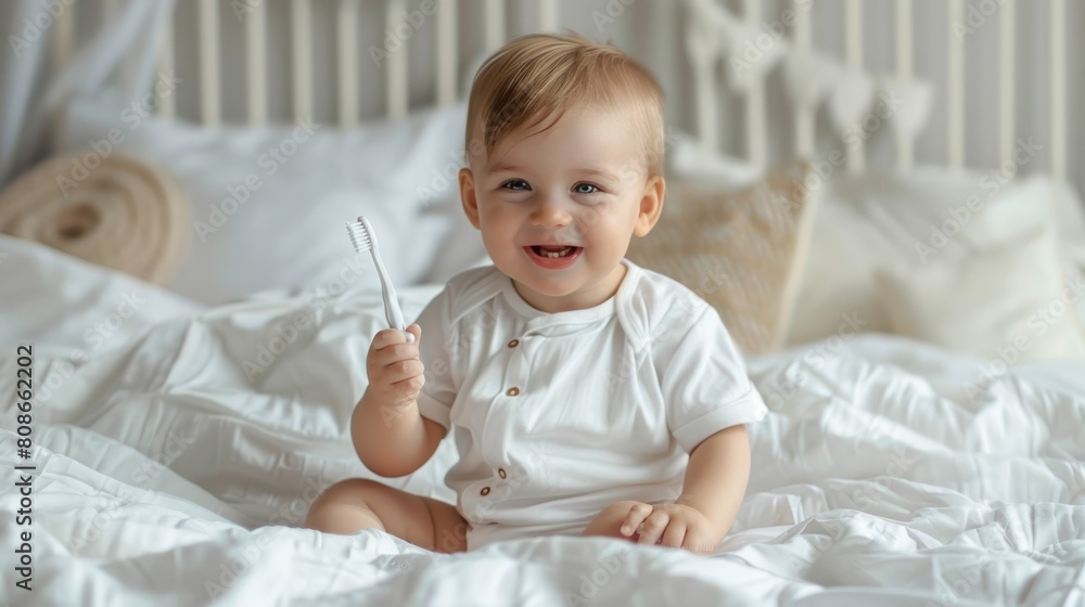 Fototapeta premium Portrait of a happy smiling baby boy sitting on a white bed at home with a toothbrush. A cute funny child is brushing his teeth and looking at the camera.