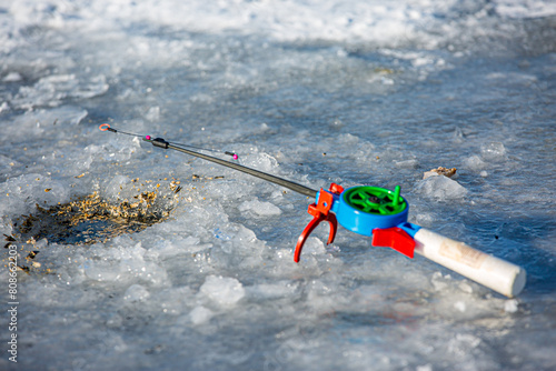 Winter frosty fishing on the river. Winter fishing.