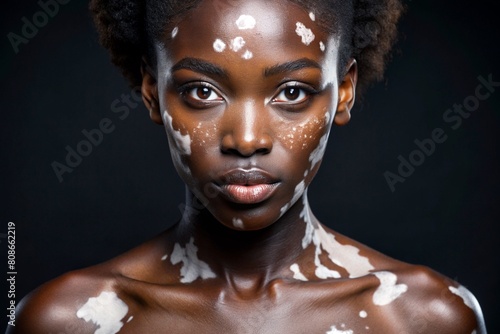 Leukoderma. Vitiligo. Violation of skin pigmentation. Large white spots all over the body and face. Portrait of a beautiful girl with a skin disease. photo