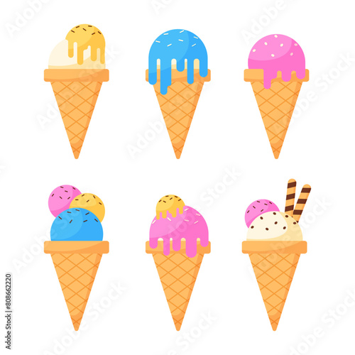 cute colorful ice cream scoop cone waffle collection sticker planner journal printable illustration