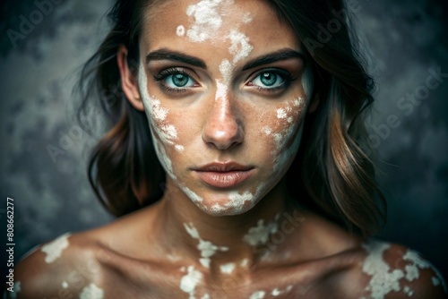 Leukoderma. Vitiligo. Violation of skin pigmentation. Large white spots all over the body and face. Portrait of a beautiful girl with a skin disease. photo