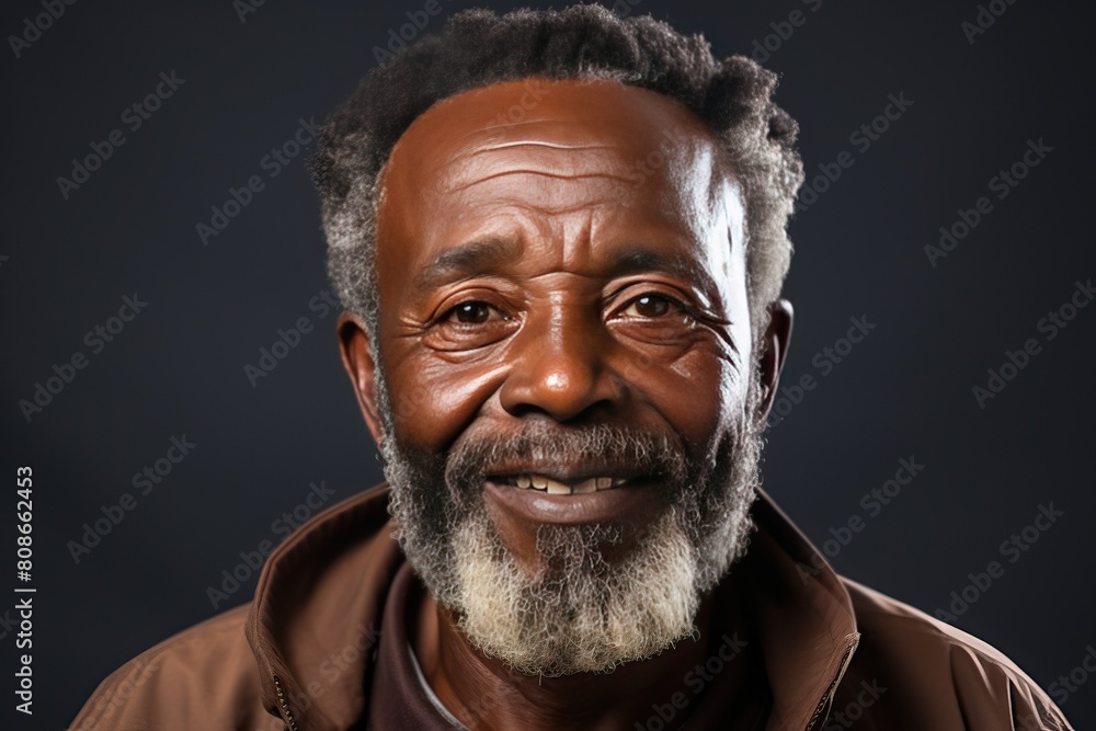 Portrait of a senior African man with gray hair and a slight smile on a black background. Portrait of a senior African man with gray hair and a slight smile on a black background.