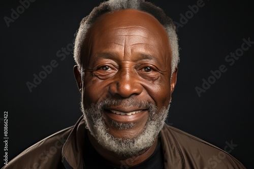 Portrait of a senior African man with gray hair and a slight smile on a black background.