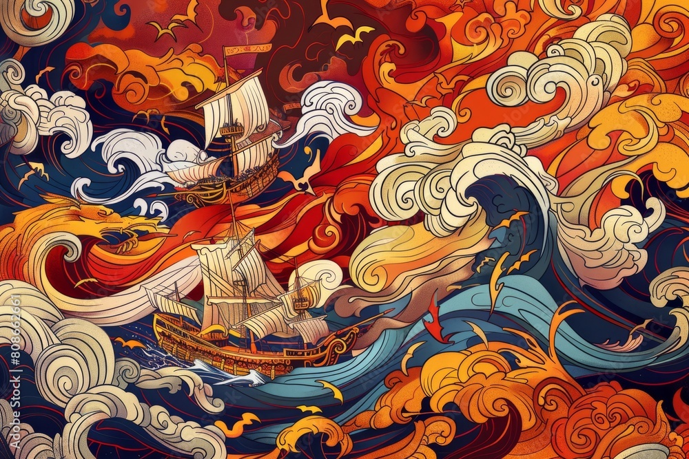 Cartoon cute doodles of the iconic Red Cliff battle scene, with warships ablaze and soldiers charging into battle amidst swirling winds, Generative AI