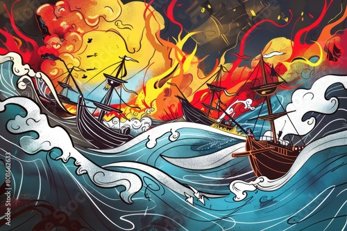 Cartoon cute doodles of the iconic Red Cliff battle scene, with warships ablaze and soldiers charging into battle amidst swirling winds, Generative AI photo