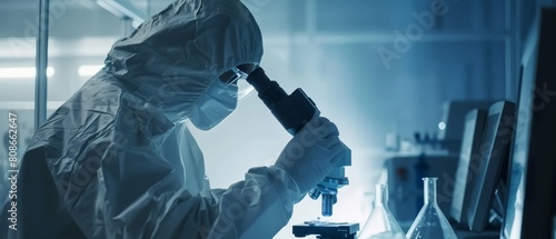 In a clean room in a research factory, an engineer scientist wears a coverall and gloves while inspecting samples with a microscope, using high-tech modern technology for the medical and