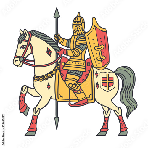 Medieval knight mounted horseback, armed spear, wearing armor. Detailed illustration knight battleready pose, historical reenactment. Colorful drawing featuring middle ages warrior, coat arms