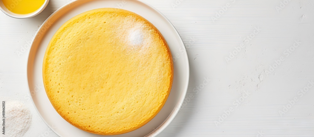 A gluten free cake made with corn and rice flour coconut sugar and an egg is being prepared on a transparent plate The dough is being mixed The cake is placed on a white background with copy space fo A gluten free cake made with corn and rice flour coconut sugar and an egg is being prepared on a transparent plate The dough is being mixed The cake is placed on a white background with copy space fo