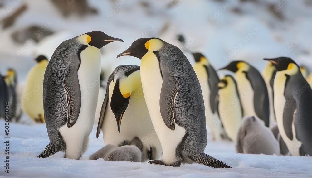 Fototapeta premium Step into the frozen realm of Antarctica with this captivating photograph of emperor penguin