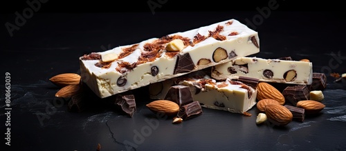 Copy space image of nougat bars on a dark slate background infusing a touch of tradition photo