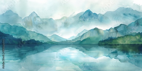 A painting of a mountain range with a lake in the foreground. The mountains are covered in trees and the lake is calm and reflective. The overall mood of the painting is peaceful and serene
