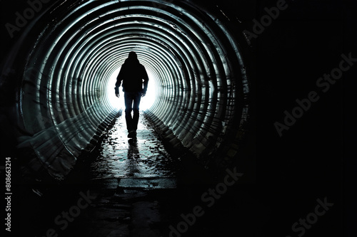 A shot of someone finding an exit from a dark tunnel.