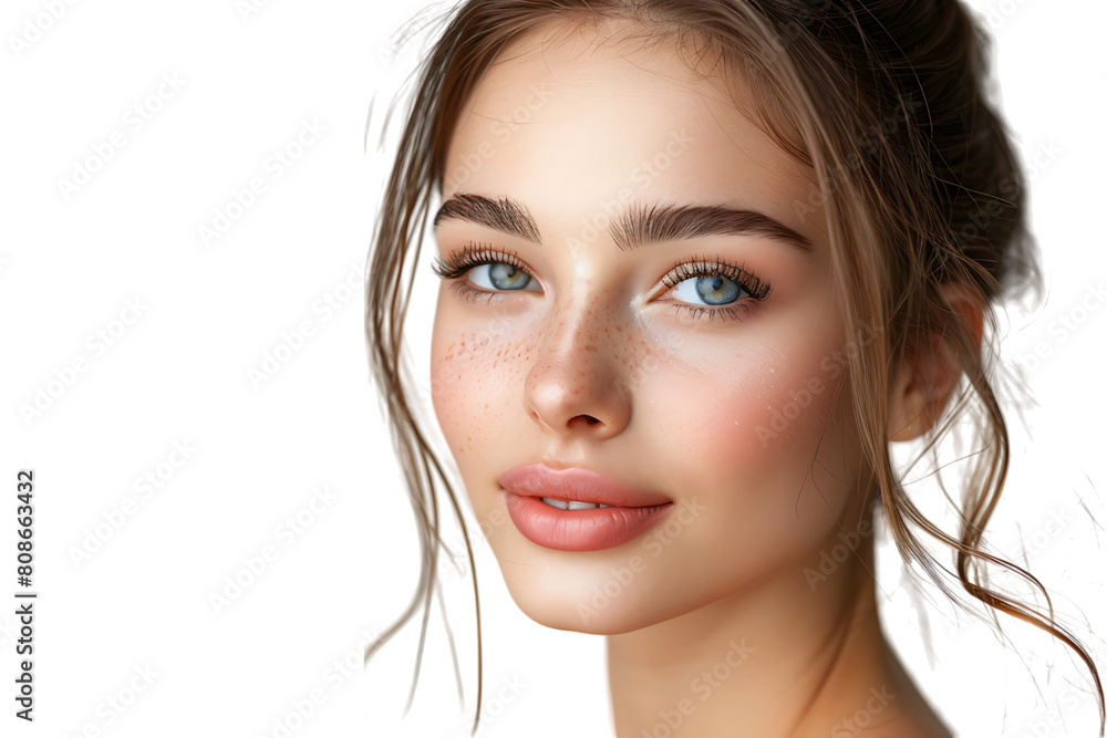 Half portrait of young beautiful girl with brown eyes, glowing face skin and lips on isolated transparent background Half portrait of young beautiful girl with brown eyes, glowing face skin and lips on isolated transparent background